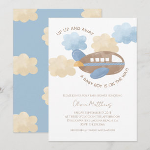 Up Up and Away Watercolor Airplane Boy Baby Shower Invitation