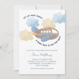 Up Up and Away Watercolor Airplane Boy Baby Shower Invitation