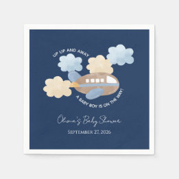 Up Up and Away Watercolor Airplane Boy Baby Shower Napkin