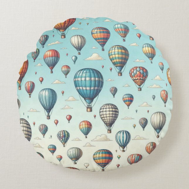 Up, Up, and Away! Whimsical Hot Air Balloons Round Pillow (Front)