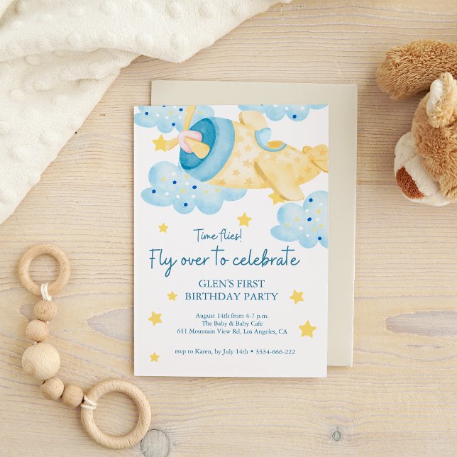 Up Up and Away Yellow Airplane Birthday Boy Invitation (Creator Uploaded)