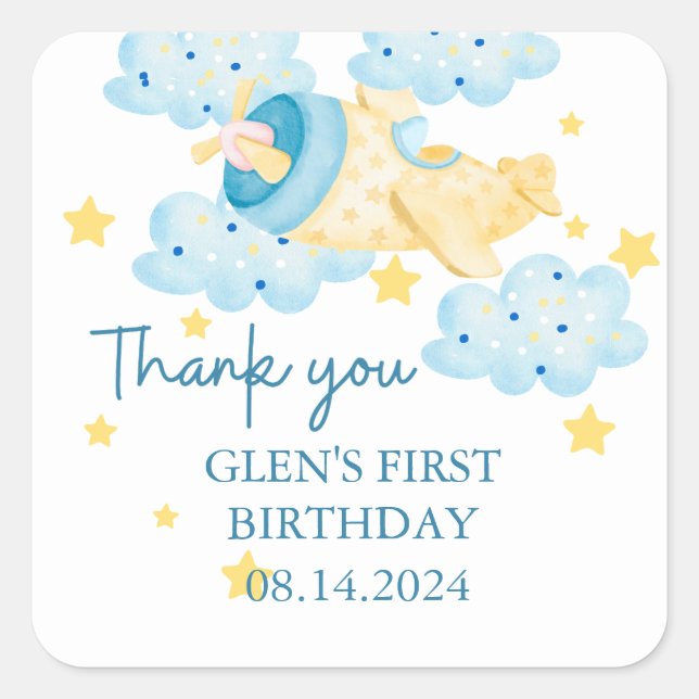 Up Up and Away Yellow Airplane Thank you  Square Sticker (Front)