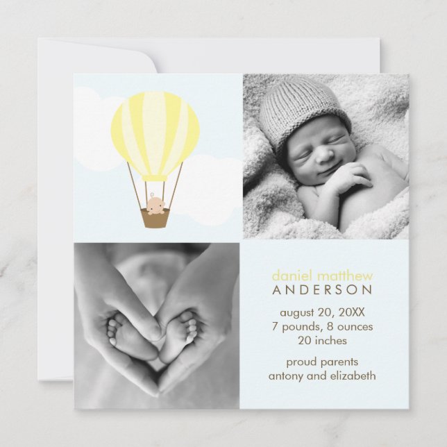 Up, Up and Away! Yellow Balloon Baby Announcements (Front)