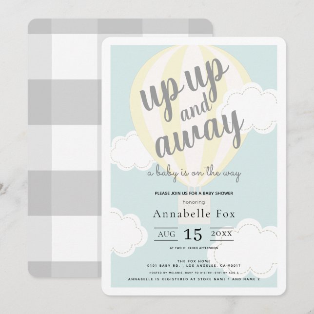 Up Up and Away Yellow Hot Air Balloon Baby Shower Invitation (Front/Back)