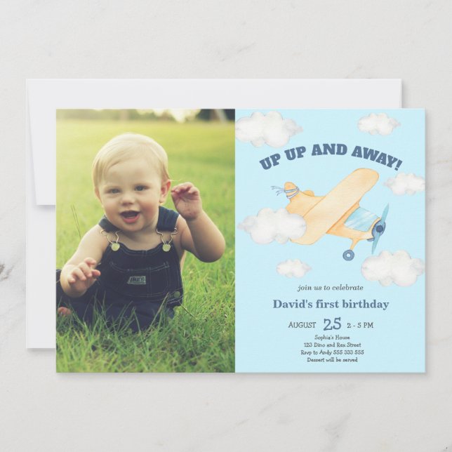 Up Up & Away 1st Boy Birthday Airplane Photo Invitation (Front)