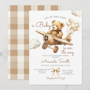 Up, Up, & Away Airplane Bear Baby Shower Gingham Invitation
