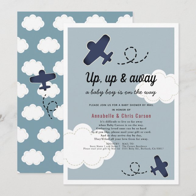 Up Up & Away Airplane Blue Boy Baby Shower by Mail Invitation (Front/Back)