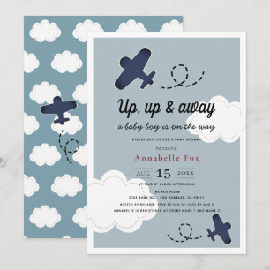 Up Up & Away Airplane Blue Boy Baby Shower Invitation