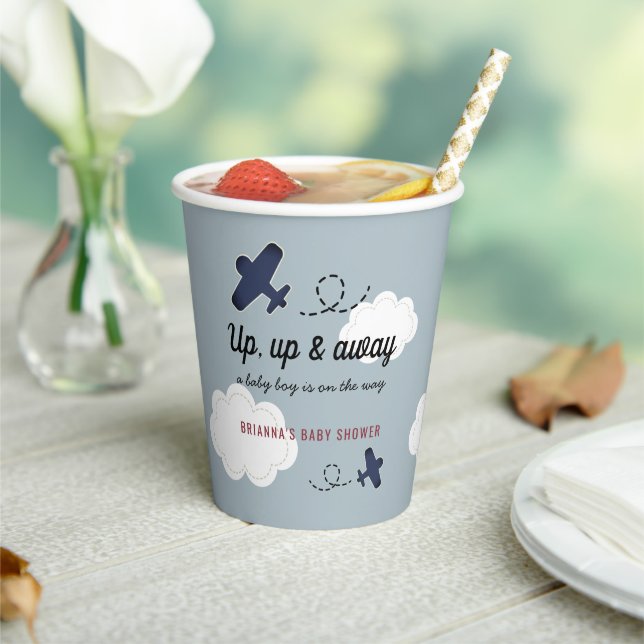 Up Up & Away Airplane Blue Boy Baby Shower Paper Cups (Insitu)
