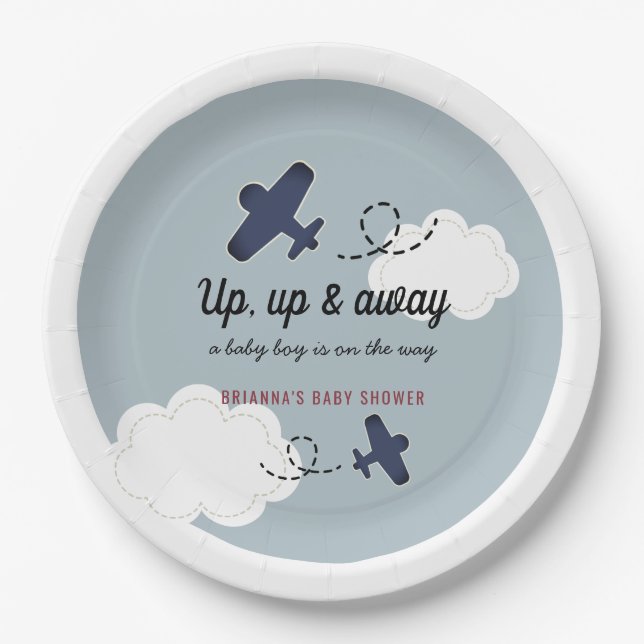 Up Up & Away Airplane Blue Boy Baby Shower Paper Plate (Front)