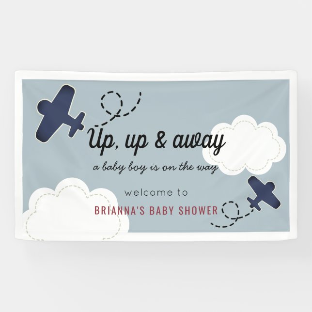 Up Up & Away Airplane Blue Boy Baby Shower Welcome Banner (Horizontal)