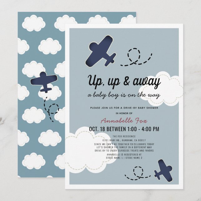Up Up & Away Airplane Blue Drive-by Baby Shower Invitation (Front/Back)