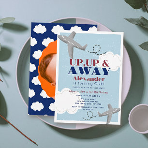 Up Up & Away Airplanes Blue Boy Photo 1st Birthday Invitation