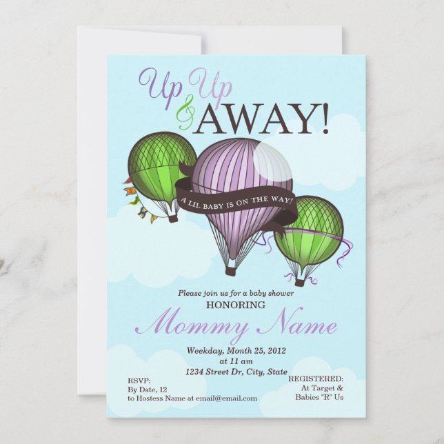 Up Up & Away Hot Air Balloon Shower Invitation (Front)