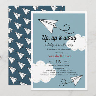Up Up & Away Paper Plane Blue Boy Baby Shower Invitation