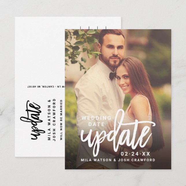 Update Brushed Script Wedding Photo Save the Date Announcement Postcard (Front/Back)