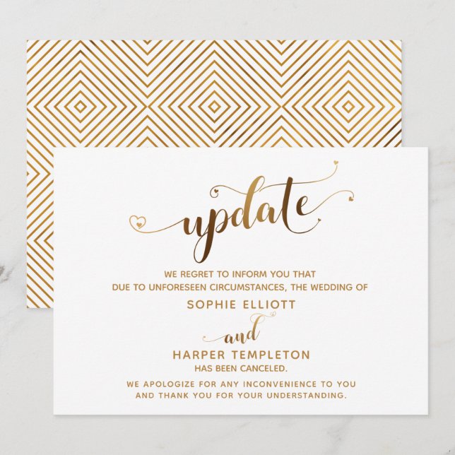Update Cancelled Wedding Gold Hearts Script Card (Front/Back)