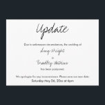 "Update" Casual Postponed Wedding Announcement<br><div class="desc">Here's a simple card for notifying your guests if it's become necessary to change your wedding date. Use the template fields to add your personal details and make this unique, modern design your own. The white background can be changed to any colour you prefer. All fonts and colours are also...</div>