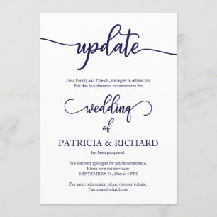Update Postponed Wedding Navy Blue Script Invitation