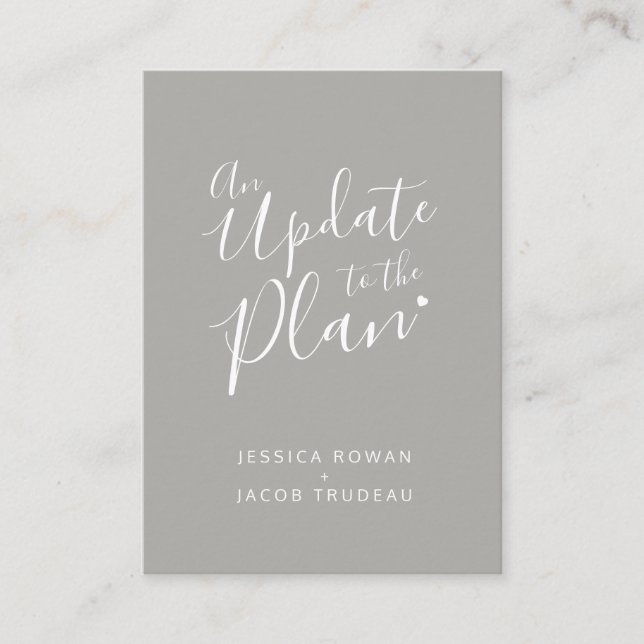 Update to plan gray white heart wedding cancelled enclosure card (Front)