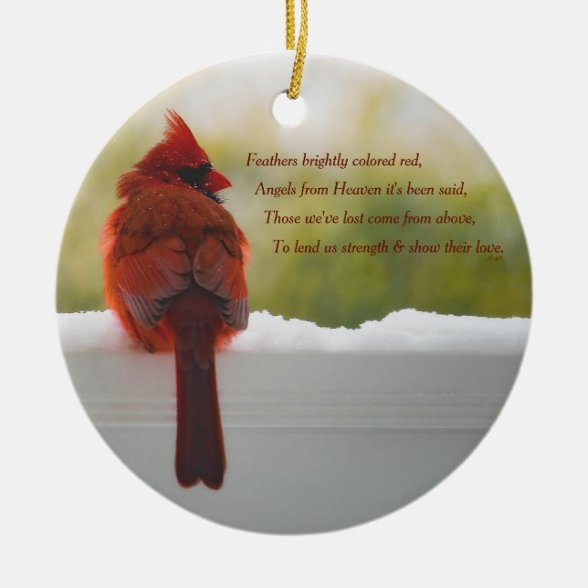 Updated Cardinal with Visitor From Heaven poem Ceramic Ornament (Front)