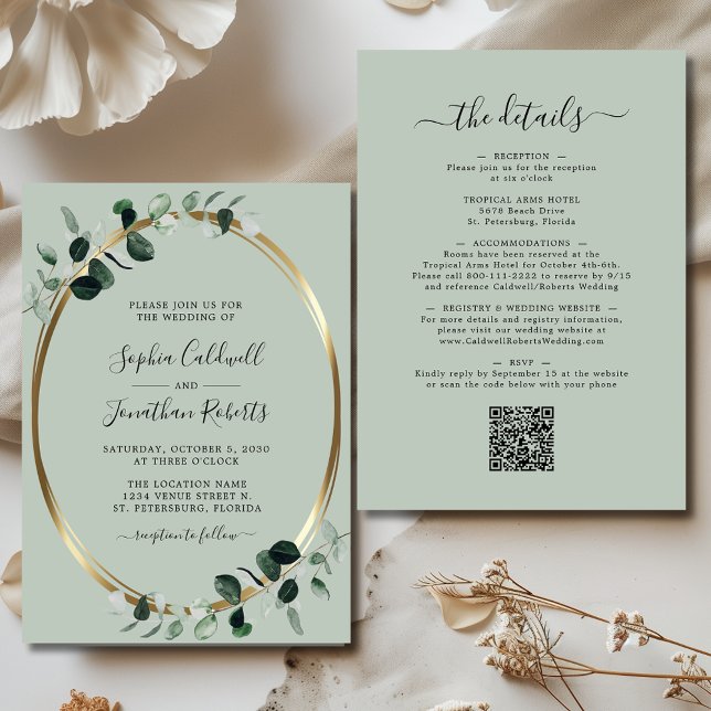 Updated Eucalyptus Gold Sage All in One Wedding Invitation (Updated Eucalyptus Gold Sage Double Sided All in One Wedding Invitation)
