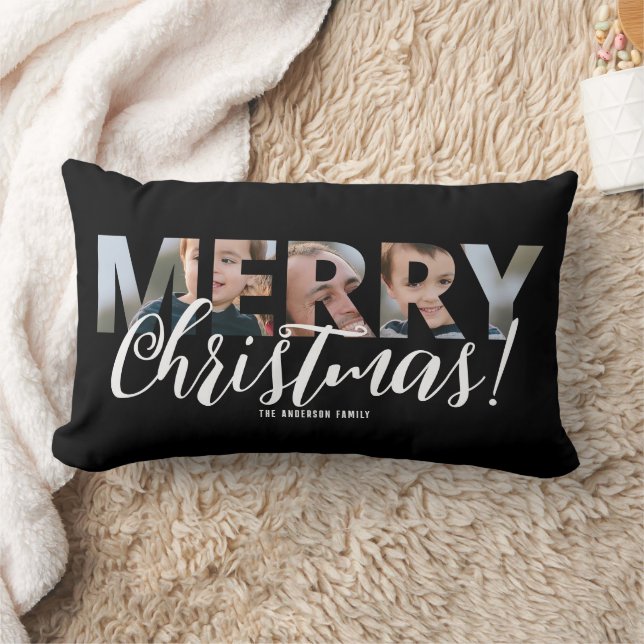 Upload 1 or 2 Photos in Text Merry Christmas Lumbar Pillow (Blanket)