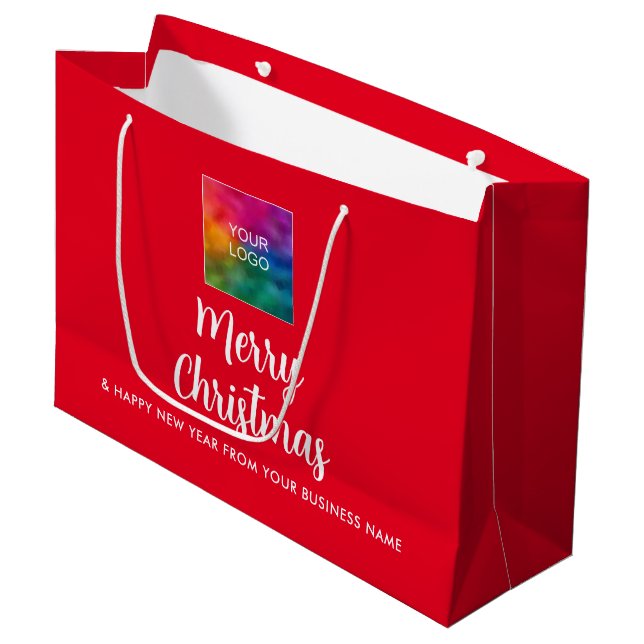 Upload Business Logo Here Template Merry Christmas Large Gift Bag (Front Angled)