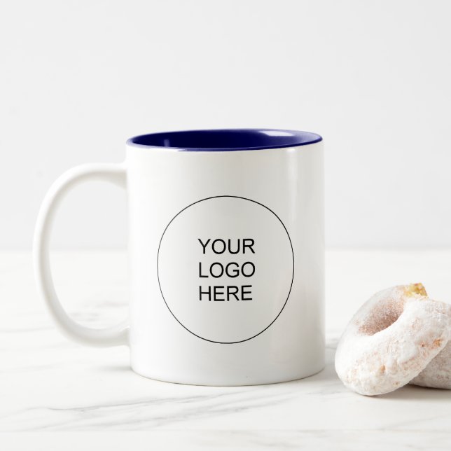 Upload Business Logo Navy Blue White Template Two-Tone Coffee Mug (With Donut)