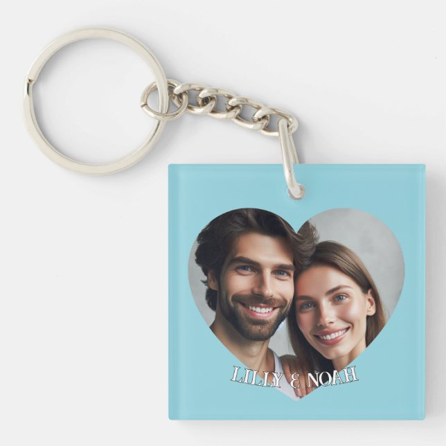 Upload Custom Heart Couple Photo Add Name Keychain (Front)