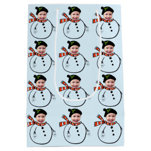 Upload Face Photo Cute Holiday Snowman Christmas Medium Gift Bag