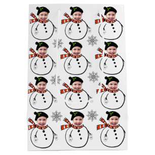 Upload Face Photo Cute Snowman and Snowflakes Medium Gift Bag
