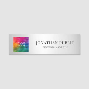 Upload Photo Company Logo Add Text Template Silver Name Tag