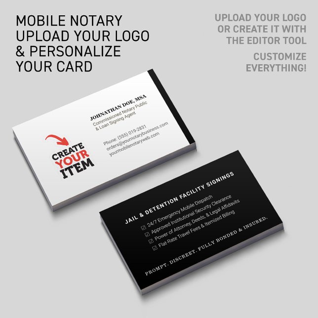 Upload Your Logo Custom Mobile Notary DIY Editable Business Card (FULLY EDITABLE: Customize the texts & colors. Upload your own logo or create it with the Editor Tool)