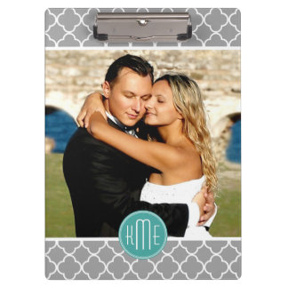 Upload Your Photo - Grey Quatrefoil Mint Monogram Clipboard