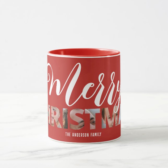 Upload Your Photo in Text Merry Christmas Red Mug (Center)