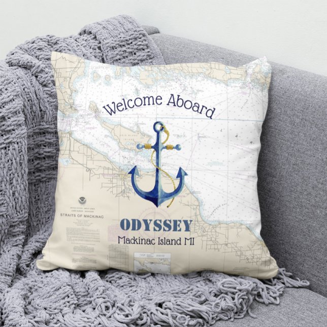 Upper Michigan Boat Name & Anchor Welcome Aboard Outdoor Pillow (Creator Uploaded)
