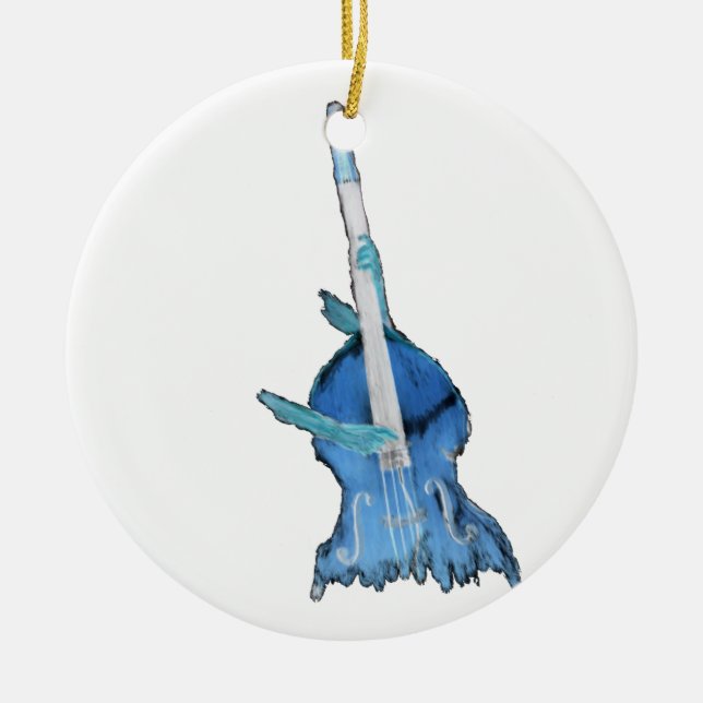 Upright bass, played by two hands, blue inversion ceramic ornament (Front)