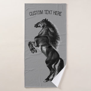 Upright Black Wild Horse - Add Your Text / Colour Bath Towel Set