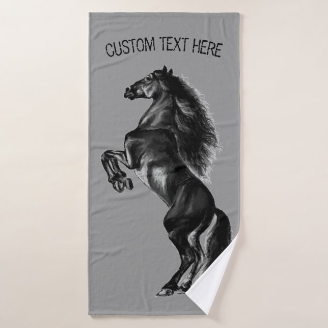 Upright Black Wild Horse - Add Your Text / Colour Bath Towel Set (Bath Towel)