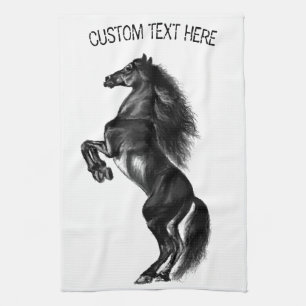 Upright Black Wild Horse - Add Your Text / Colour Kitchen Towel