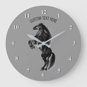 Upright Black Wild Horse - Add Your Text / Colours Large Clock