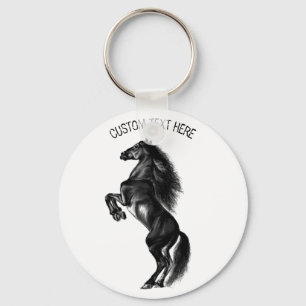 Upright Black Wild Horse - Black and White Drawing Keychain