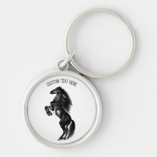 Upright Black Wild Horse - Black and White Drawing Keychain