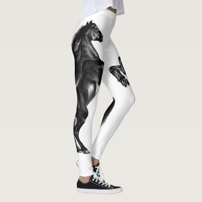 Upright Black Wild Horse - Black and White Drawing Leggings (Right)
