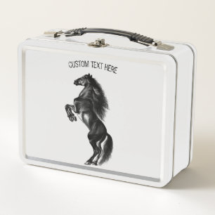Upright Black Wild Horse - Black and White Drawing Metal Lunch Box