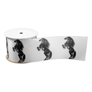 Upright Black Wild Horse - Black and White Drawing Satin Ribbon
