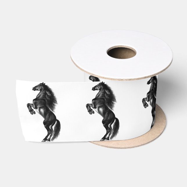 Upright Black Wild Horse - Black and White Drawing Satin Ribbon (Spool)
