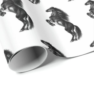 Upright Black Wild Horse - Black and White Drawing Wrapping Paper