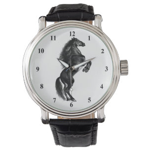 Upright Black Wild Horse - Black and White Modern Watch